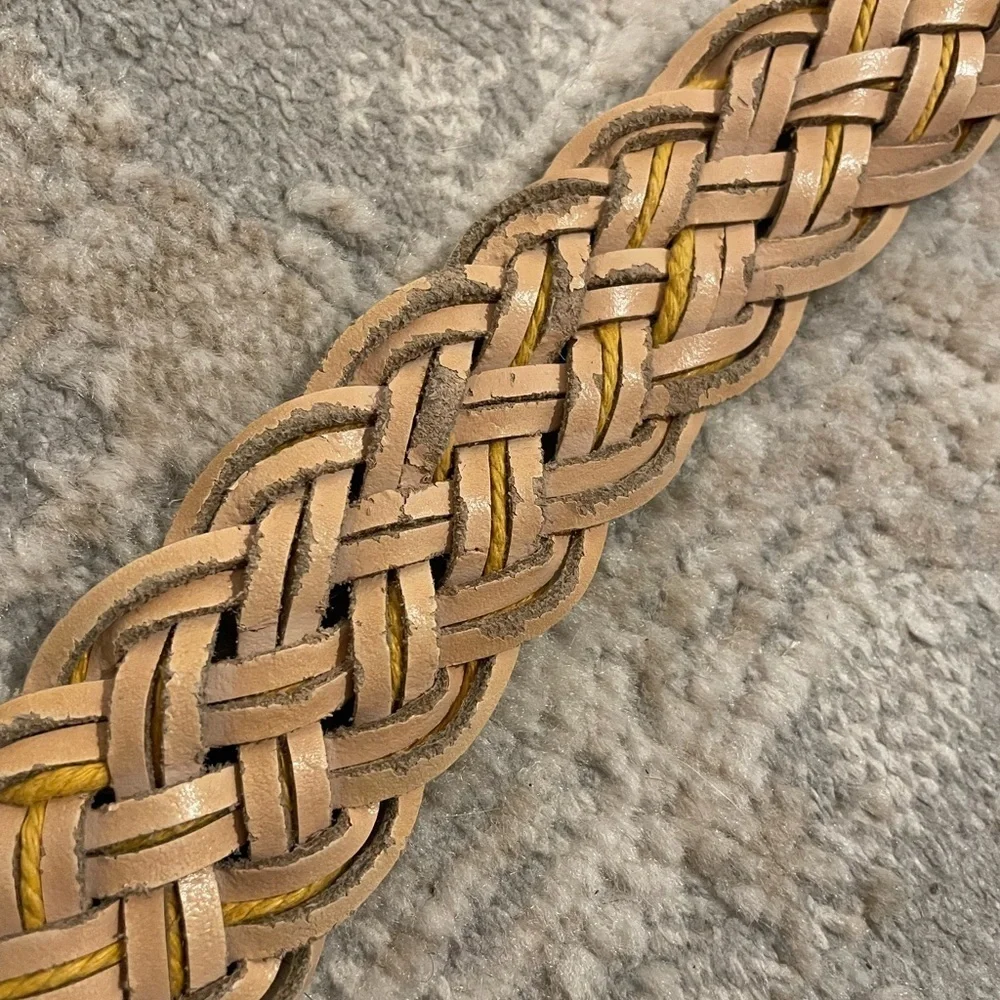 Braided Woven Leather Belt With Round Brass/Gold Tone Buckle Boho Bohemian
